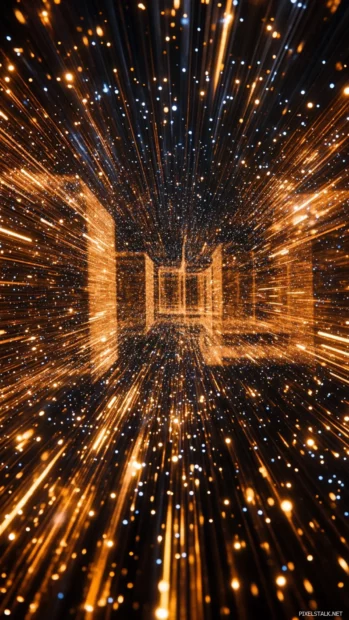 Pulsating lights chasing each other through shifting trippy mazes in endless motion.