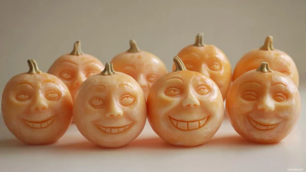 Pumpkin faces carved with retro smiles in soft orange palette.