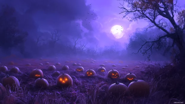 Pumpkin patch in eerie purple twilight, Halloween PC Wallpapers style.