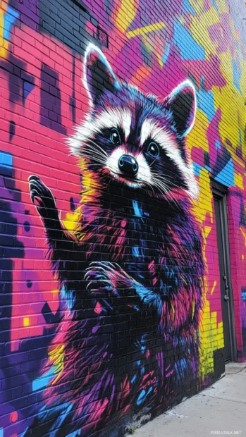 Punk raccoon dancing across fluorescent alleyway mural.