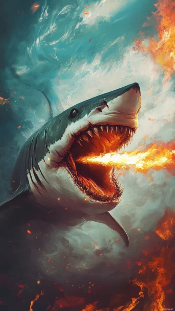 Punk shark spitting fire from gills while spinning.
