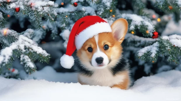 Puppy Christmas desktop wallpaper with a festive dog in a Santa hat under a snow covered tree.