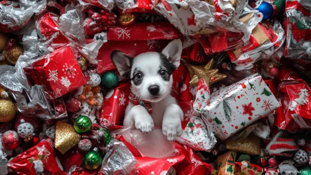Puppy Christmas morning scene with wrapping paper and toys, a classic desktop wallpaper idea.