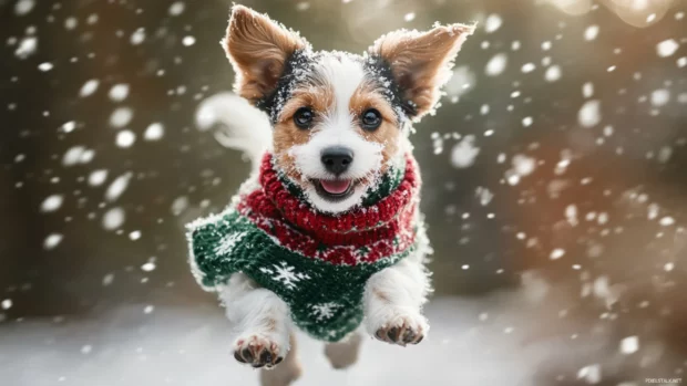 Puppy bounding through fresh snowflakes in a red and green knit scarf.