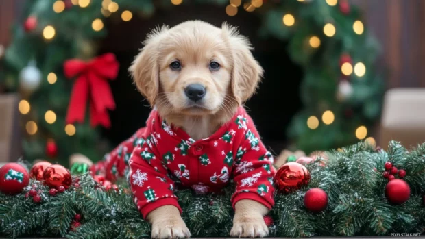 Puppy in Christmas pajamas near a holiday wreath, designed for cute Christmas dog backgrounds.