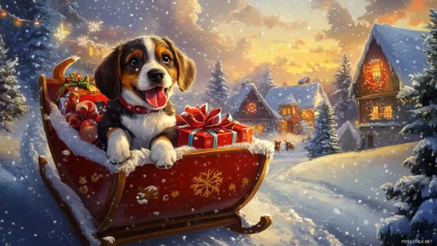 Puppy in a sleigh filled with presents, riding through a snowy village at dusk.