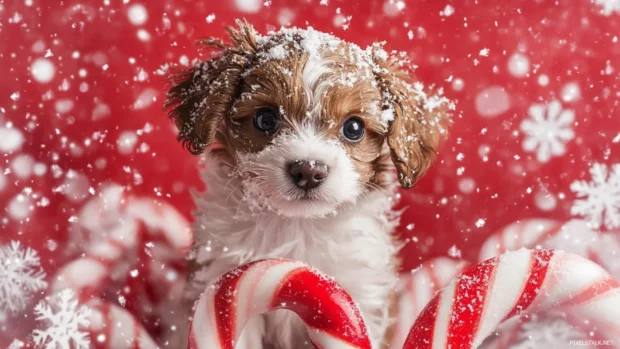 Puppy surrounded by candy canes and snowflakes, delivering the best Christmas wallpaper vibes.