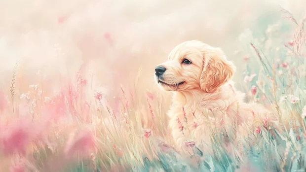 Puppy wallpaper aesthetic in soft pastel colors, showcasing a fluffy golden retriever pup in a dreamlike meadow.