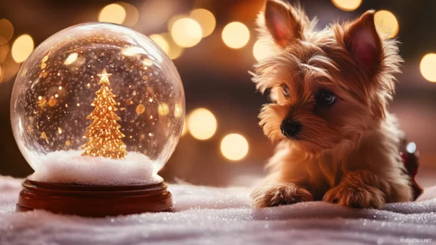 Puppy with fluffy ears gazing at a snow globe that glows with Christmas magic.