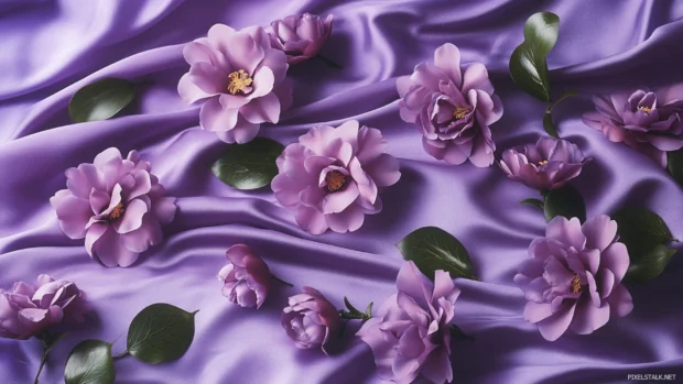 Purple camellias scattered across a satin background.