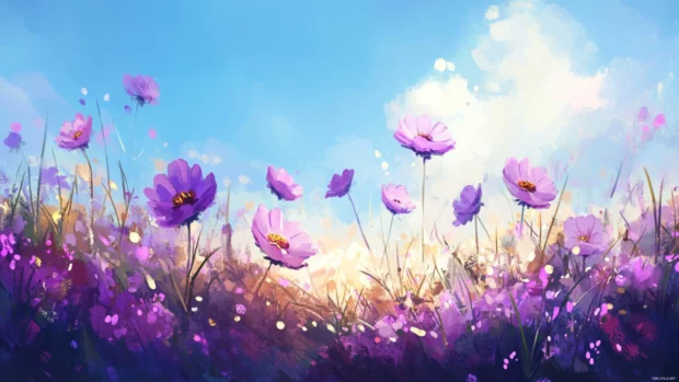 Purple cosmos flowers waving in a spring field.