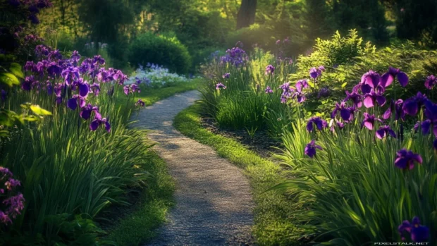 Purple iris along garden path.