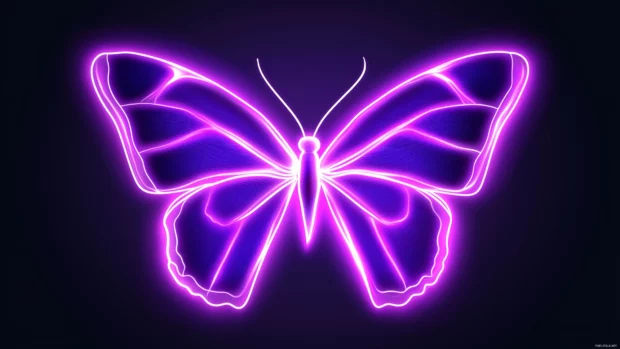 Purple neon butterfly vibrant, wings glowing, floating minimalist dark background, contrast soft striking.