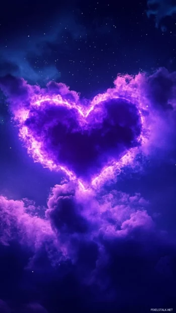 Purple neon heart softly glowing in night sky, Purple neon heart glow.