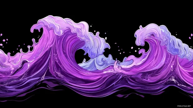 Purple neon waves flowing smooth, blending seamlessly with black background.
