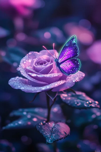 Purple rose glowing under sparkly neon drops with theme of Purple neon butterfly glow.