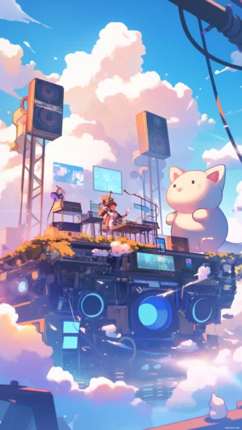 Pusheen DJ ing on a floating cloud stage.
