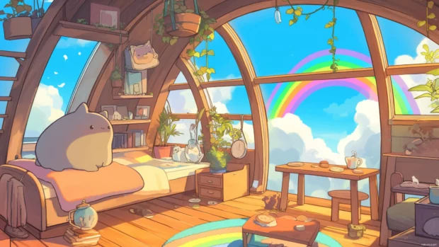 Pusheen eating cookies on a rainbow bed inside a floating house.