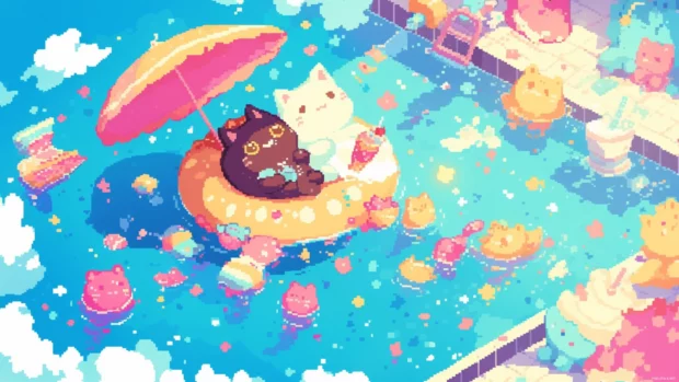 Pusheen relaxing in a pixel pool full of sprinkles and plushies.