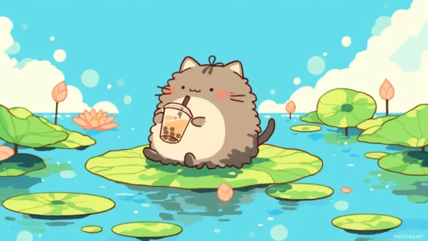 Pusheen sipping bubble tea while floating on a lily pad.