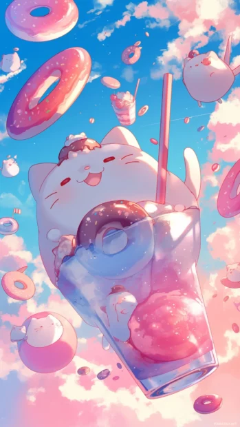 Pusheen surrounded by donuts and milkshakes floating in pastel sky.