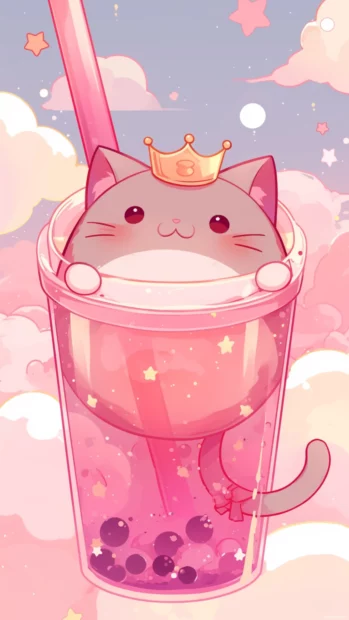 Pusheen wearing a crown floating with bubble tea in pastel clouds.