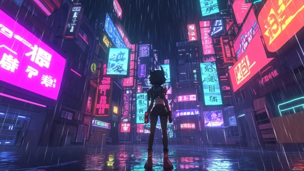 Quantum Punk standing beneath rain soaked signs in a glowing anime cyberpunk cityscape.