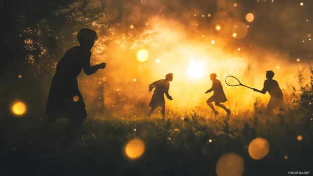 Quidditch match standing in a dramatic light with enchanted background.