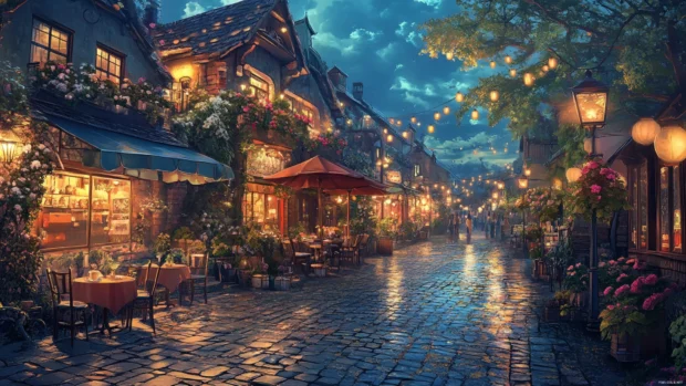 Quiet anime town with cozy cafes and lanterns, themed for Anime Wallpapers 4K PC users.