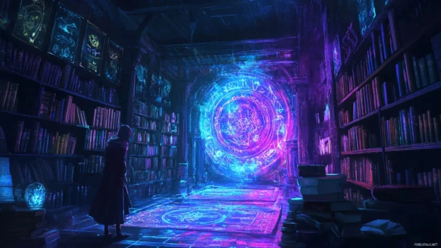 Quiet bookstore filled with glowing runes.