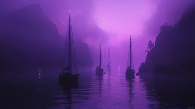 Quiet harbors basking in a haze of purple constellations.