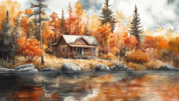 Quiet lakeside cabin surrounded by watercolor autumn trees.