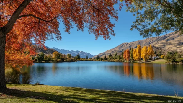 Quiet lakeside views framed by pretty autumn trees.