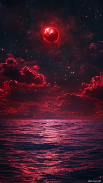 Quiet oceans breathing beneath a suspended red star, weaving through the wonder of burning red starry sky aesthetic.