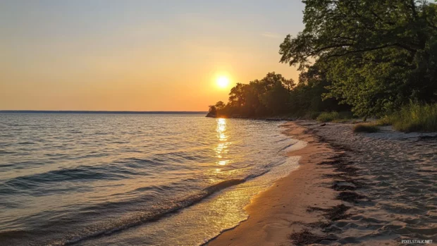 Quiet pretty beach at golden hour.