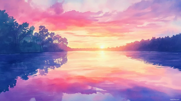 Quiet river bends reflecting sunset colors in a tranquil watercolor scene.