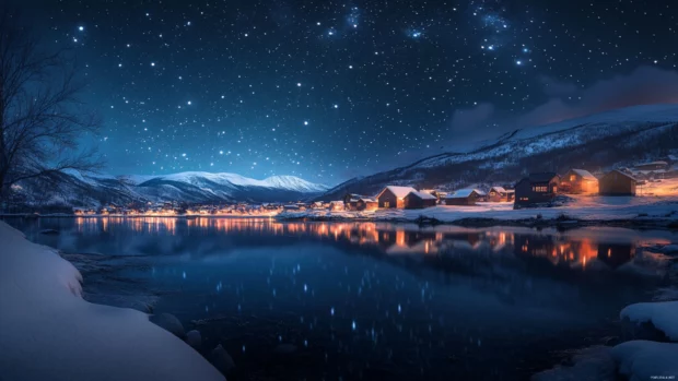 Quiet villages wrapped in a blanket of stars, reflecting the depth of mystical night stars desktop wallpaper.