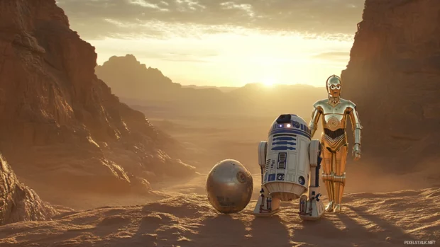 R2 D2 and C 3PO wandering a desert canyon at dawn.