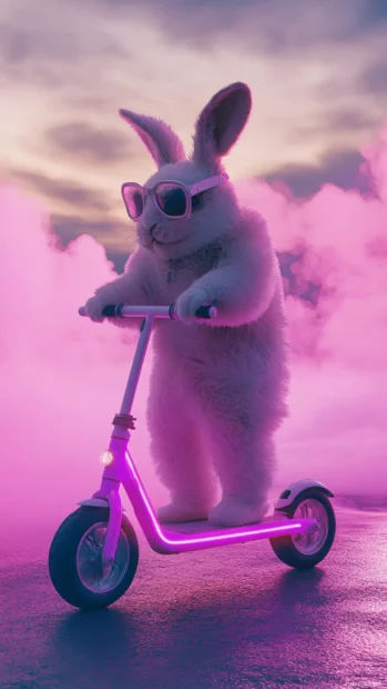 Rabbit riding neon purple scooter in sky.