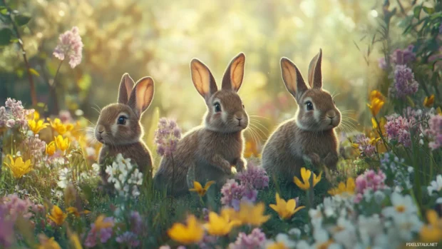 Rabbits darting in and out of a wildflower meadow.