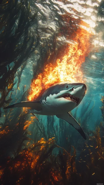 Racing shark with flaming trail through kelp tunnel.