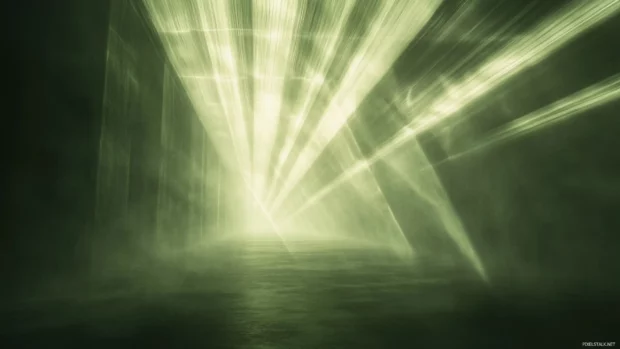 Radiant beams slicing through foggy digital environments.