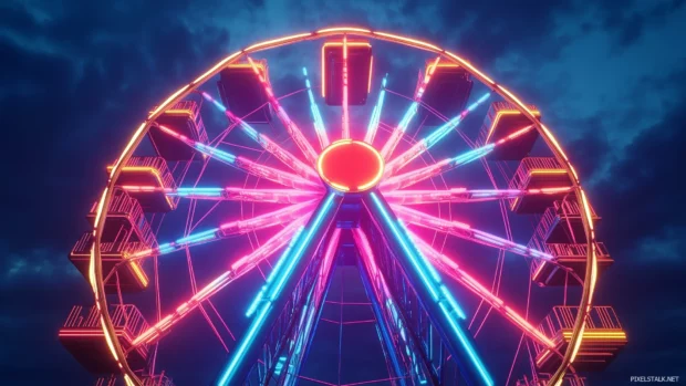 Radiant neon ferris wheel glowing against a dark evening sky, Vector illustration.