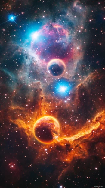 Radiant orbs slowly spinning in a cosmic nebula.