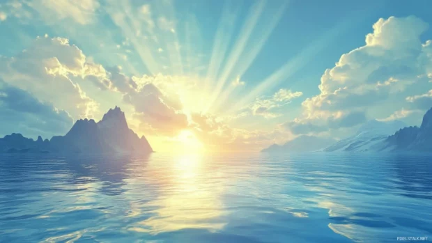 Radiant sunbeams spreading across a calm ocean scene.