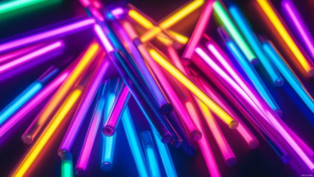 Radiating color beams from floating neon objects, Colorful neon lights 4K wallpaper.