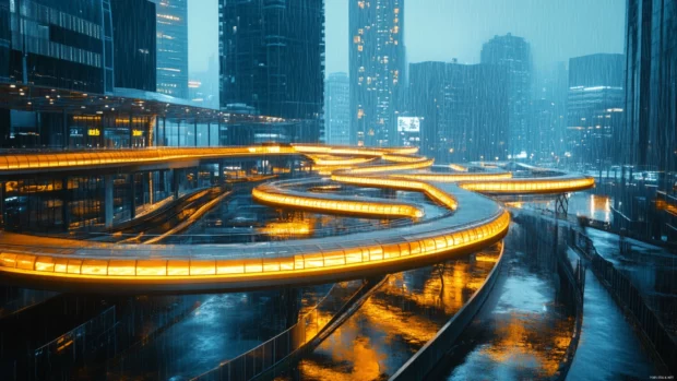 Rain drenched cityscape with electric skyways, glowing walkways stretching across massive buildings.