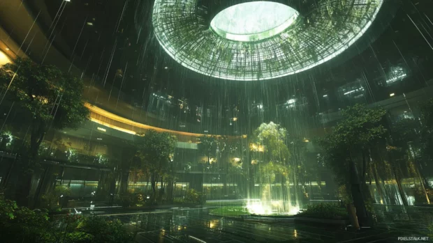 Rain falling gently over a digital park inside a high tech cyberpunk dome.