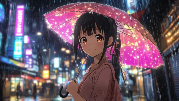 Rain falling on neon lit street as anime girl holds a glowing parasol.