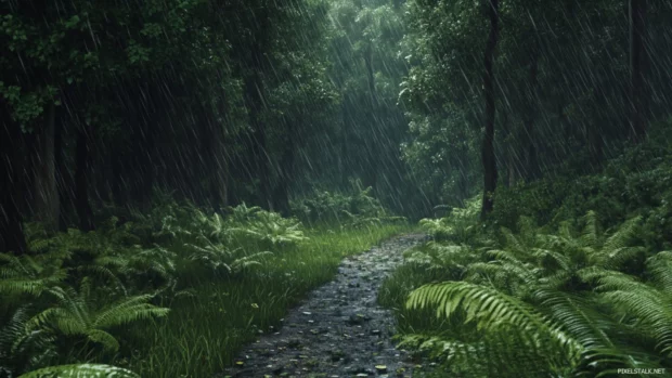Rain falls softly on the quiet forest trail surrounded by ferns.